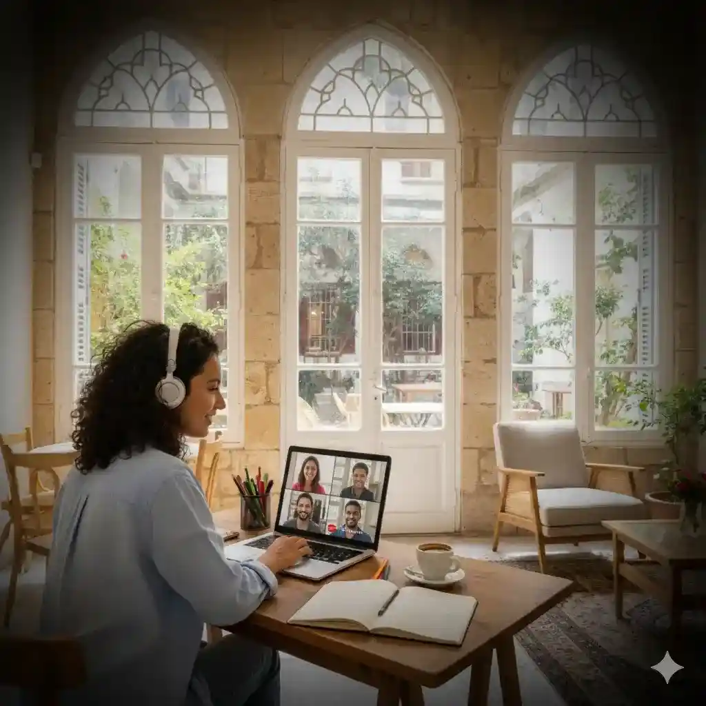 Girl sitting a traditional Lebanese architecture home, and taking an online Lebanese lesson on her laptop