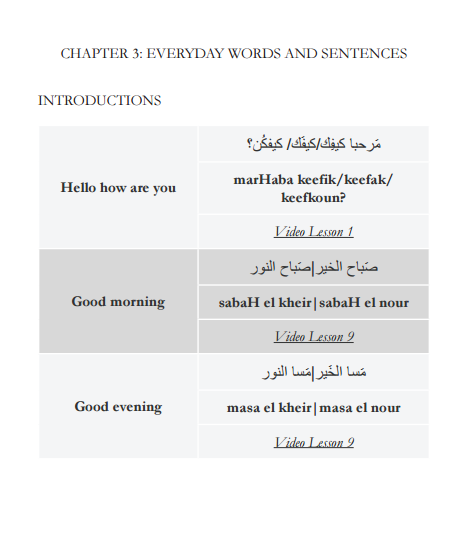 First page of chapter 3 of the lebanese arabic phrasebook showing words like "Hello" and "How are you" in Lebanese Arabic