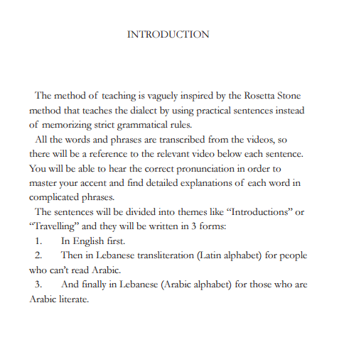 Introduction page of the lebanese arabic phrasebook